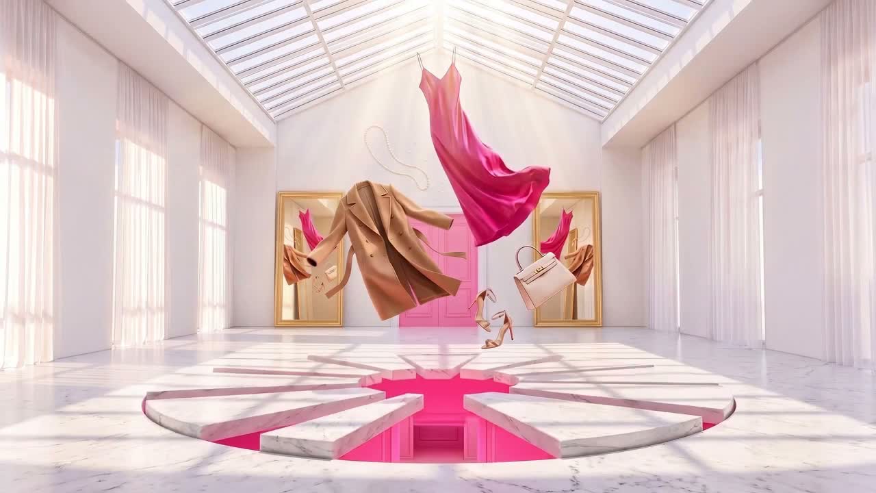 A fuchsia silk dress, camel coat, heels, handbag and pearls suspended mid-air in a sunlit white marble gallery